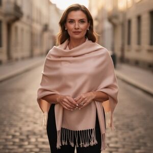 S&S International Luxury 100% Cashmere Pashmina Scarf Shawl Beige Fringe 28"x72"